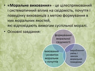 • «Моральне виховання» - це цілеспрямований 
і систематичний вплив на свідомість, почуття і 
поведінку вихованців з метою формування в 
них моральних якостей, 
які відповідають вимогам суспільної моралі. 
• Основні завдання: 
формування 
моральної 
свідомості 
вироблення 
умінь і 
звичок 
моральної 
поведінки 
виховання 
і розвиток 
моральни 
х почуттів 
 