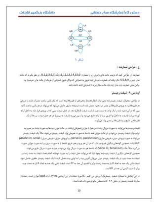دستور کارآزمایشگاه مدار منطقی دانشگاه بزرگمهر قاینات 
10 
شکل 6 
ج طراحی شمارنده : - 
شمارنده ای طراحی کنید که ترتیب حالت های باینری زیر را بشمارد : 0,1,2,3,6,7,10,11,12,13,14,15,0 . در نظر بگیرید که حالت 
های باینری 4,5,8,9 بکار نرفته اند .شمارنده خودش باید شروع به شمارش کند واگر شروع شمارش از هریک از حالت های غیرمجاز بود 
،پالس های شمارنده باید مدار رابه یک حالت مجاز ببرند تا شمارش ادامه داشته باشد . 
آزمایش 9 : شیفت رجیستر 
در طراحی دیجیتال، شیفت رجیستر )به معنی ثبات انتقال دهنده(، زنجیره ای از فلیپ فلاپ ها است که یک پالس ساعت مشترک دارند و خروجی 
هر فلیپ فلاپ، به ورودی فلیپ فلاپ بعدی در زنجیره متصل شده است؛ درنتیجه مداری حاصل می شود که می تواند در هر پالس ساعت، آرایه 
بیتی که در آن ذخیره شده را یک واحد به سمت چپ یا راست شیفت )انتقال( دهد. در عمل شیفت، بیتی که در ورودی قرار دارد به داخل آرایه 
آورده می شود )شیفت به داخل( و آخرین بیت از آرایه خارج می شود و از بین می رود )شیفت به بیرون(. در هر عمل شیفت، بیت ها از یک 
فلیپ فلاپ خارج، و به فلیپ فلاپ بعدی وارد می شوند. 
شیفت رجیسترها می توانند به صورت سریال )پشت سر هم( یا موازی )همزمان( باشند. در حالت سری، بیت ها به صورت پشت سر هم و به 
ترتیب وارد شیفت رجیستر می شوند و در حالت موازی همه داده ها به صورت همزمان وارد شیفت رجیستر می شوند. مثلاً یک شیفت رجیستر 
می تواند به صورت ورودی سری، خروجی موازی ) serial-in, parallel-out ( و یا ورودی موازی، خروجی سری ) parallel-in, serial- out ( باشد. همچنین گونه های دیگری هم وجود دارد که در آن هم ورود و هم خروج داده ها یا به صورت سری و یا به صورت موازی صورت 
می گیرد. مثلاً حالت ) Serial in, Serial out ( که داده ها هم به صورت سریال وارد می شوند و هم به صورت سریال خارج می شوند. 
همچنین گونه های دیگری از شیفت رجیسترها وجود دارد که می توانند عمل شیفت را به صورت دوطرفه انجام دهند: شیفت به سمت راست و 
شیفت به سمت چپ. در یک شیفت رجیستر سری می توان آخرین بیت را به اولین بیت متصل کرده تا یک شیفت رجیستر حلقوی حاصل شود. 
شیفت دادن یک عدد به تعداد n بار به سمت راست، برابر با تقسیم آن عدد به 2 n است. شیفت دادن یک عدد به تعداد n بار به سمت چپ، 
برابر با ضرب کردن آن عدد در 2 n است. 
در این آزمایش ما عملکرد شیفت رجیسترها را بررسی می کنیم . IC مورد استفاده در این آزمایش 04091 با پایه load موازی است . عملکرد 
مدارات شیفت رجیستر در بخش 1.2 کتاب منطقی مانو توضیح داده شده است . 
 