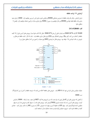 دستور کارآزمایشگاه مدار منطقی دانشگاه بزرگمهر قاینات 
14 
آزمایش 11 : واحد حافظه 
دراین آزمایش ، رفتار یک واحد حافظه با دسترسی تصادفی (RAM) و توانایی ذخیره سازی اش را بررسی خواهیم کرد . RAM را برای شبیه 
سازی یک حافظه فقط خواندنی (ROM) نیز بکار خواهیم برد. سپس از ROM برای اجرای مدارات ترکیبی استفاده خواهیم کرد . )فصل 0 
منطقی مانو( 
الف : RAM )34149( 
IC 74189 یک RAM 16*4 است )مدار داخلی آن مثل RAM 4*4 شکل 0.1 کتاب مانو است( . ورودی های آدرس یکی از 01 کلمه 
حافظه را انتخاب می کنند (A0…16) . ورودی انتخابگر چیپ (CS) برای فعال سازی حافظه باید 1 باشد که اگر 0 باشد حافظه غیر فعال و 
خروجی در حالت امپدانس بالا خواهد بود . ورودی فعال ساز نوشتن (WE) نوع عملیات را تعیین می کند ) مطابق جدول زیر ( 
- شکل 00 74189 
عملیات خواندن زمانی اجرا می شود که WE=1 باشد . خروجی های حافظه 3حالته می باشند که توسعه حافظه را آسان تر می کند.)چرا؟؟( 
تست RAM : 
از آنجایی که خروجی های این IC فعال پایین اند نیاز هست که سر راه ورودی ها گیت NOT قرار دهید . بعد از اینکه ، RAM را طراحی 
کردید ، ورودی های آدرس را به یک شمارنده باینری (7493) وصل کنید . ورودی های داده را به چهار کلید و خروجی ها را نیز به چهار 
معکوس کننده )چرا؟( وصل کنید . چهار LED به خطوط آدرس و چهار تا به خروجی ، CS را به زمین و WE را به کلید وصل کنید . تعدادی 
کلمه در حافظه ذخیره کنید . شروع به خواندن آنها نمایید و صحت عملکرد مدار را مشاهده کنید . 
 