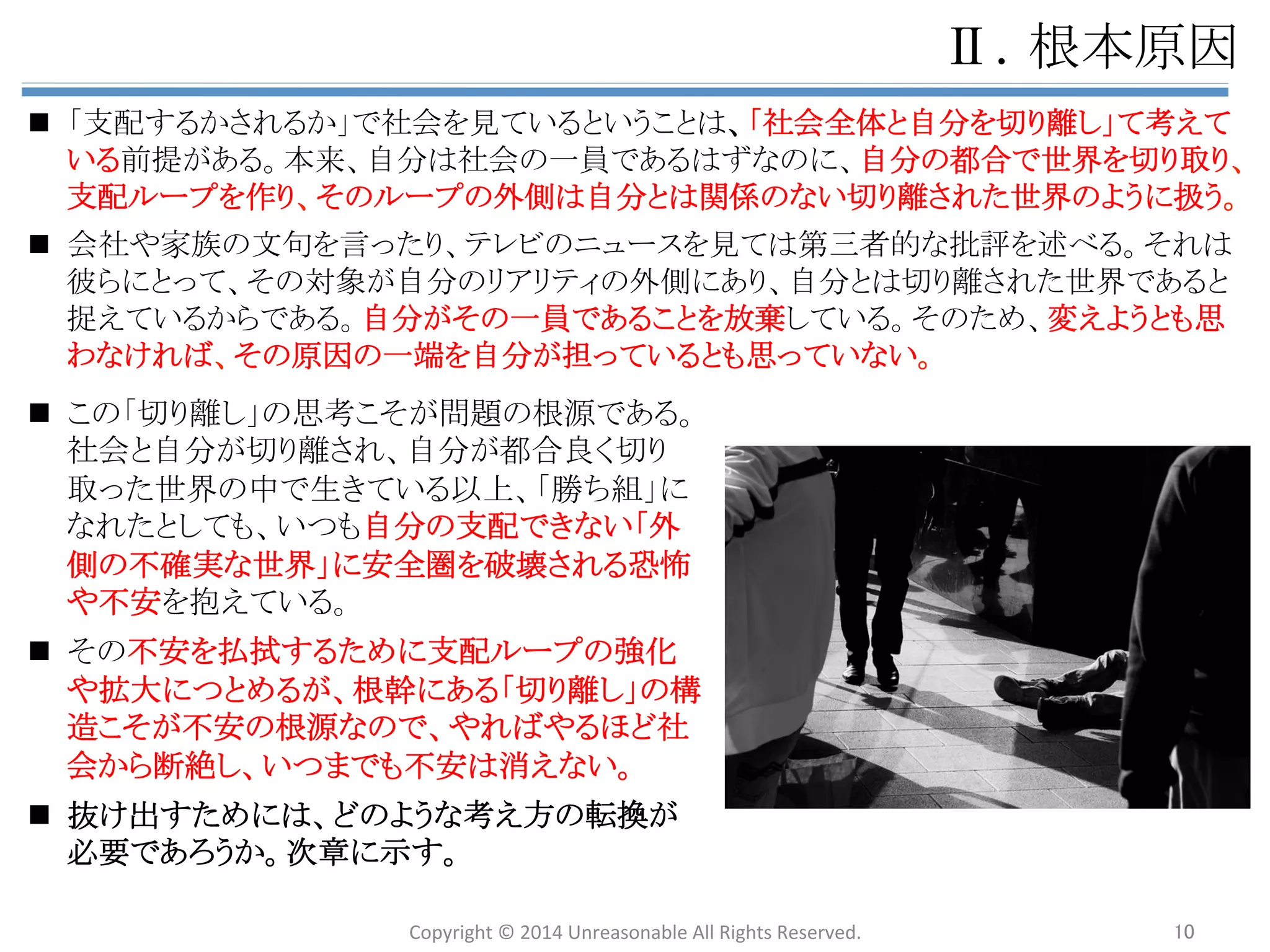 ⮬ศ䛾ᛮ䛔㏻䜚䛻♫఍䜢 
䝁䞁䝖䝻䞊䝹䛩䜛䠄ᨭ㓄䠅 
䊡䠊䛂ᨭ㓄ᆺ♫఍䛃䛾ᵓ㐀 
౫Ꮡ䝹䞊䝥䠄㈇䛡⤌䠅䛛䜙 
ᛮ䛔㏻䜚䛻䛔䛛䛺䛔 
せ⣲䜢᤼㝖䛩䜛䠄᤼㝖䠅 
⮬ศ䜢ẅ䛧⎔ቃ䛻ྜ䜟䛫䛶 
⏕䛝䛶䛔䛟䠄౫Ꮡ䠅 
⮬ศ䛾ពぢ䜢 
ẅ䛩䠄⁛⚾䠅 
ᢤ䛡䛯䛔⾪ື 
᣸ᢡ⤒㦂 
ᛮ䛔㏻䜚䛻䛔䛳䛶䛔䜛 
≧ែ䜢ಖᣢ䛩䜛䠄ᢚᅽ䠅 
౫Ꮡ䝹䞊䝥 
䠄㈇䛡⤌䠅 
ᨭ㓄䝹䞊䝥 
䠄຾䛱⤌䠅 
ᚲṚ䛻௚⪅䛻ዲ䛛䜜 
䜘䛖䛸䛩䜛䠄ྠㄪ䠅 
Ꮩ❧ 
ᨭ㓄䌦౫Ꮡ♫఍䛾୰䛷⏕䛝䜛 
♫఍䛾୰䛷ᒃሙᡤ䜢ኻ䛖 
㈇䛾 
䜶䝛䝹䜼䞊 
ᨭ㓄䛧䛶䛔䜛⏕ែ⣔䛻 
౫Ꮡ䛩䜛 
౫Ꮡ䛧䛶䛔䜛⏕ែ⣔䜢 
ᨭ㓄䛩䜛 
⾲⿬୍య 
䠄⌧≧䜢ಖᣢ䛧䜘䛖䛸䛩䜛ຊ䠙ಶู᭱㐺䠅 
ᘬ䛝䛣䜒䜚䜔㨚⑓䛻䛺䜚䚸⮬ẅ䛻⮳䜛䜿䞊䝇䜒䛒䜛䚹ሙྜ䛻䜘䛳䛶䛿 
⮬ศ䛜♫఍䛻ཷ䛡ධ䜜䜙䜜䛺䛔㨚៽䜔䚸⧅䛜䜚䛯䛔䚸ㄆ䜑䜙䜜䛯 
䛔䛸䛔䛖ḧồ䛜㈇䛾䜶䝛䝹䜼䞊䛸䛧䛶♫఍䛻ྥ䛡䜙䜜䚸≢⨥⾜Ⅽ 
䛻⮳䜛䜿䞊䝇䜒䛒䜛䚹 
㉺ቃேᮦ 
᩿⤯ 
ᙉ䛔ពᚿ 
㛤䛝┤䜚 
⮬ศ䛾౯್ほ䜔 
䝹䞊䝹䛻 
ᚑ䛳䛶⏕䛝䜛 
᪂䛧䛔 
౯್ 
Copyright 
© 
2014 
Unreasonable 
All 
Rights 
Reserved. 
10 
 