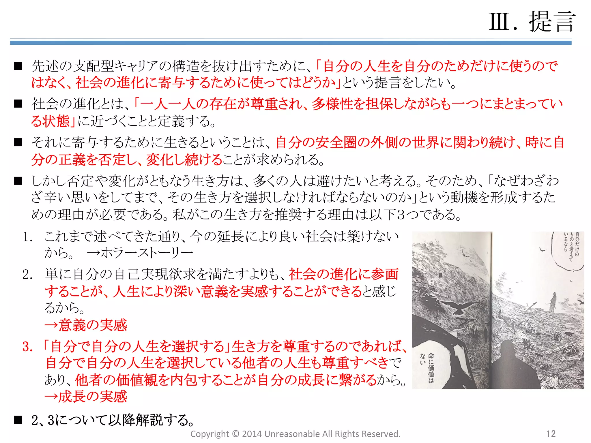 䜰䝆䜵䞁䝎 
 
㻵㻚 ᙜⴭ䛻䛴䛔䛶 
 
 
㻵㻵㻚 ᨭ㓄ᆺ䜻䝱䝸䜰䛸䛿 
 
 
㻵㻵㻵㻚 ᢤ䛡ฟ䛩䛯䜑䛾䜰䝥䝻䞊䝏 
Ø 䚷㼃㼔㼍㼠䠄䝁䜰䝯䝑䝉䞊䝆䞉఩⨨䛵䛡䠅䠋㼃㼔㼥䠄ၥ㢟ព㆑䠅 
Ø 䛂ᨭ㓄ᆺ䜻䝱䝸䜰䛃䛸䛿䠋䛂ᨭ㓄ᆺ♫఍䛃䛾ᵓ㐀䠋᰿ᮏཎᅉ 
Ø ᥦゝ䠋ព⩏䛾ᐇឤ䠋ᡂ㛗䛾ᐇឤ䠋㻞䛴䛾䜰䝥䝻䞊䝏䛾ᵓ㐀 
Ø ♫఍䛾㐍໬䝰䝕䝹 
Ø 䝁䝷䝮䠖ຊ䛾Ḟዴ 
 
 
 
㻵㼂㻚 䛂⤫ྜᆺ䜻䝱䝸䜰䛃䛸䛿 
Ø ᴫㄽ 
Ø ே⏕䛸䛾ྥ䛛䛔᪉䠋♫఍䛸䛾ྥ䛝ྜ䛔᪉䠋఍♫䛸䛾ྥ䛝ྜ䛔᪉䠋⏝ㄒ㞟 
Ø ಶே䛾㐍໬䝰䝕䝹 
 
 
㼂㻚 ⤌⧊ㄽ䜈䛾ᛂ⏝ 
 
Ø ⌧≧䛾௻ᴗ䛾㝈⏺ 
Ø 䝝䜲䝞䝸䝳䞊䝜䝬䝗䠋♫఍ⓗ௻ᴗ䠋䛭䜜䛮䜜䛾ṇ⩏䛸㝈⏺ 
Ø ௻ᴗ䛾㐍໬䝰䝕䝹 
㼂㻵㻚 ⤖ㄽ 
Copyright 
© 
2014 
Unreasonable 
All 
Rights 
Reserved. 
12 
 