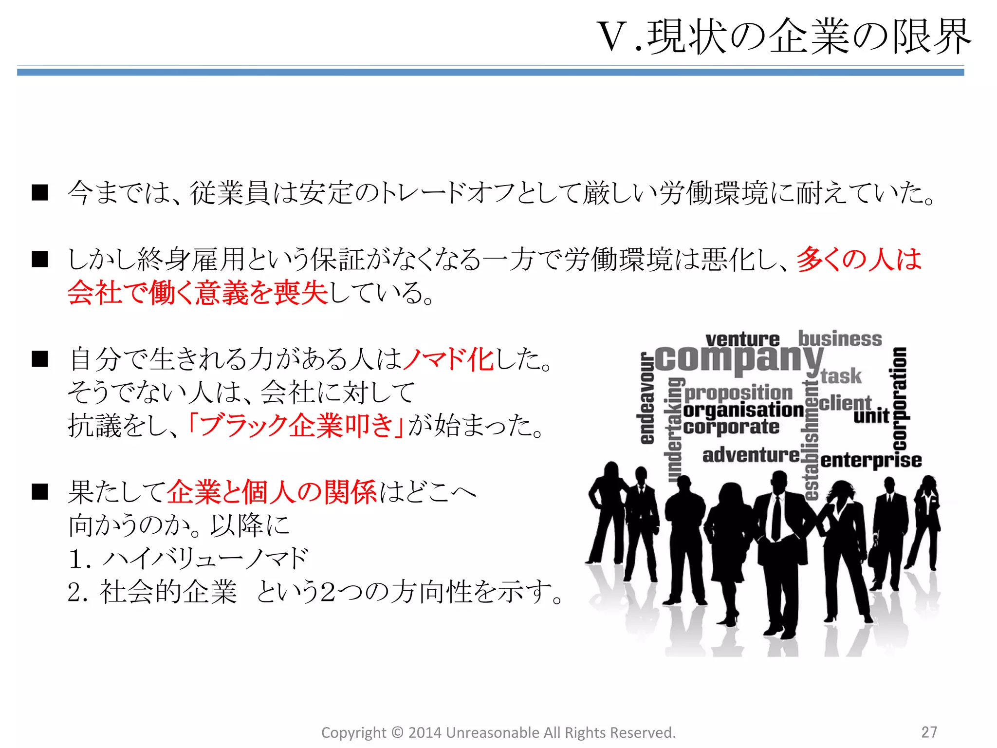 䊤㻚⌧≧䛾௻ᴗ䛾㝈⏺ 
n ௻ᴗ䛸䛿䛂Ⴀ฼䜢┠ⓗ䛸䛧䛶୍ᐃ䛾ィ⏬䛻ᚑ䛳䛶⤒῭άື䜢⾜䛖⤒῭୺య䛃䈊 
䛷䛒䜛䚹䚷䠄㼣㼕㼗㼕㼜㼑㼐㼕㼍䜘䜚䠅 
n 䛂Ⴀ฼㻌㻩㻌኎ୖ䌦䝁䝇䝖䛃䚹䛴䜎䜚௻ᴗ䛾┠ⓗ䜢ศゎ䛩䜛䛸䚸䛂䛹䜜䛰䛡኎ୖ䜢䈊 
ୖ䛢䜙䜜䜛䛛䛃䛸䛂䛹䜜䛰䛡䝁䝇䝖䜢ୗ䛢䜙䜜䜛䛛䛃䛷䛒䜛䚹 
n 䛣䜜䜙䜢ᐇ⌧䛩䜛䛯䜑䛻௻ᴗ䛿ᵝ䚻䛺ດຊ䜢䛧䛶䛝䛯䚹䛭䛾⤖ᯝ䚸⤒῭䛿䈊 
䜑䜎䛠䜛䛧䛟Ⓨᒎ䜢㐙䛢䚸♫఍䛿㇏䛛䛻䛺䛳䛯䚹 
n 䛧䛛䛧ᕷሙ䛜ᡂ⇍䛧䚸Ᏻ᫆䛻฼┈䜢ฟ䛩䛣䛸䛜䛷䛝䛺䛟䛺䜛୰䛷䚸䛭䜜䛷䜒௻ᴗ䈊 
䛿Ⴀ฼㏣ồ䜢䛧䛴䛵䛡䛺䛡䜜䜀䛺䜙䛺䛔䚹䛭䛾䛯䜑䚸ᢈุ䜢⏕䜐䜘䛖䛺䜔䜚᪉䛻䈊 
㢗䜙䛦䜛䜢䛘䛺䛔≧ἣ䜔䚸䛭䜜䛻䜘䜛♫఍ၥ㢟䛜ၥ䜟䜜䜛䜘䛖䛻䛺䛳䛶䛝䛯䚹 
n 䚷䚷䚷䚷䝃䞊䝡䝇ṧᴗ䚸ブḭ䞉ᝏᚨၟἲ䚸ὴ㐵ษ䜚䚸ୗㄳ䛡྇䛝䚸䝟䝽䝝䝷䚸䈊 
䚷䚷䚷䚷ഇ⿦ၥ㢟䚸㄂኱ᗈ࿌䚸⎔ቃởᰁ䚸♫ෆ㨚䞉䞉䞉 
n 䛣䛖䛔䛳䛯⌧㇟䛿௒䜎䛷䛻䜒䛒䛳䛯䛜䚸௒䜎䛷䛿䛂఍♫䛻䛔䜜䜀⏕ᾭ㠃ಽ䜢䈊 
䜏䛶䜒䜙䛘䜛䛃䛸䛔䛖䚸Ᏻᐃ䛸䛾䝖䝺䞊䝗䜸䝣䛷䛒䛳䛯䚹 
Copyright 
© 
2014 
Unreasonable 
All 
Rights 
Reserved. 27 
 