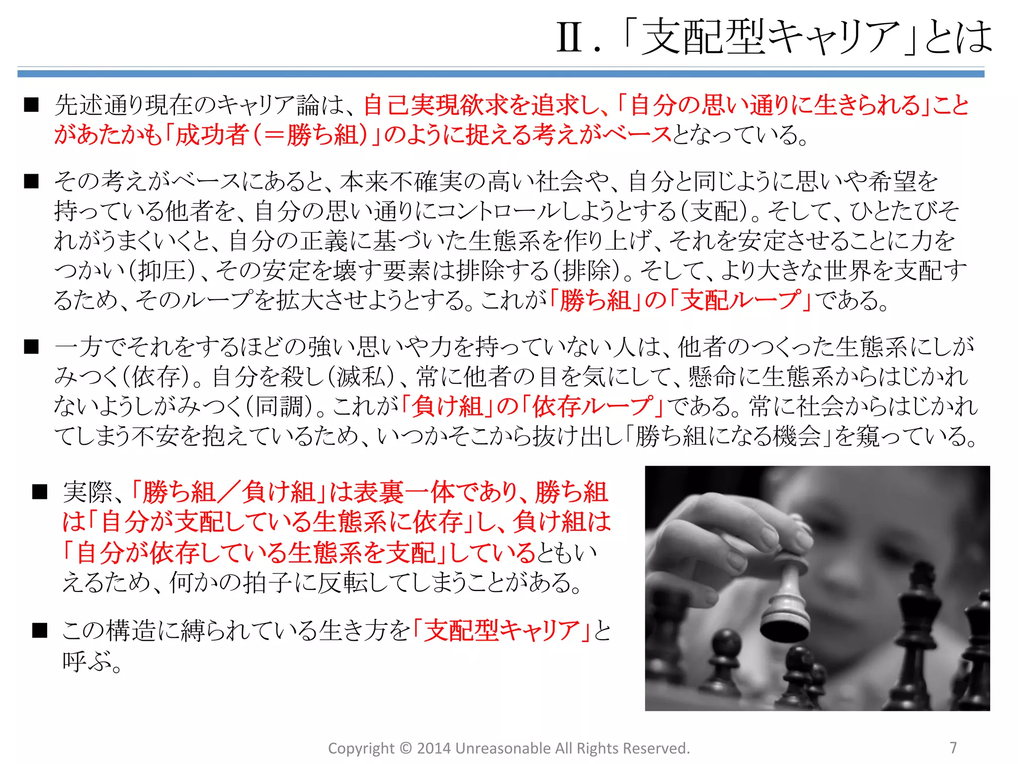 䜰䝆䜵䞁䝎 
 
㻵㻚 ᙜⴭ䛻䛴䛔䛶 
 
 
㻵㻵㻚 ᨭ㓄ᆺ䜻䝱䝸䜰䛸䛿 
 
 
㻵㻵㻵㻚 ᢤ䛡ฟ䛩䛯䜑䛾䜰䝥䝻䞊䝏 
Ø 䚷㼃㼔㼍㼠䠄䝁䜰䝯䝑䝉䞊䝆䞉఩⨨䛵䛡䠅䠋㼃㼔㼥䠄ၥ㢟ព㆑䠅 
Ø 䛂ᨭ㓄ᆺ䜻䝱䝸䜰䛃䛸䛿䠋䛂ᨭ㓄ᆺ♫఍䛃䛾ᵓ㐀䠋᰿ᮏཎᅉ 
Ø ᥦゝ䠋ព⩏䛾ᐇឤ䠋ᡂ㛗䛾ᐇឤ䠋㻞䛴䛾䜰䝥䝻䞊䝏䛾ᵓ㐀 
Ø ♫఍䛾㐍໬䝰䝕䝹 
Ø 䝁䝷䝮䠖ຊ䛾Ḟዴ 
 
 
 
㻵㼂㻚 䛂⤫ྜᆺ䜻䝱䝸䜰䛃䛸䛿 
Ø ᴫㄽ 
Ø ே⏕䛸䛾ྥ䛛䛔᪉䠋♫఍䛸䛾ྥ䛝ྜ䛔᪉䠋఍♫䛸䛾ྥ䛝ྜ䛔᪉䠋⏝ㄒ㞟 
Ø ಶே䛾㐍໬䝰䝕䝹 
 
 
㼂㻚 ⤌⧊ㄽ䜈䛾ᛂ⏝ 
 
Ø ⌧≧䛾௻ᴗ䛾㝈⏺ 
Ø 䝝䜲䝞䝸䝳䞊䝜䝬䝗䠋♫఍ⓗ௻ᴗ䠋䛭䜜䛮䜜䛾ṇ⩏䛸㝈⏺ 
Ø ௻ᴗ䛾㐍໬䝰䝕䝹 
㼂㻵㻚 ⤖ㄽ 
Copyright 
© 
2014 
Unreasonable 
All 
Rights 
Reserved. 
7 
 