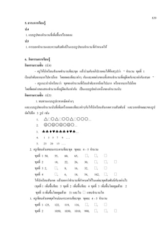 839 
5. สาระการเรียนรู้ 
ป.4 
1. แบบรูปของจา นวนที่เพิ่มขึ้นหรือลดลง 
ป.5 
1. การบอกจา นวนและความสัมพันธ์ในแบบรูปของจา นวนที่กา หนดให้ 
6. กิจกรรมการเรียนรู้ 
กิจกรรมรวมชั้น (ป.4) 
- ครูให้นักเรียนสังเกตจา นวนทีละชุด แล้วร่วมกนัอภิปรายจนได้ข้อสรุปวา่ “ จา นวน ชุดที่ 1 
เรียงลา ดับจากมากไปหาน้อย โดยลดลงทีละเทา่ๆ กนัและผลตา่งของทั้งสองจา นวนที่อยูติ่ดกนัจะเทา่กนัเสมอ ” 
- ครูแนะนานักเรียนวา่ ชุดของจา นวนที่เรียงลา ดับจากน้อยไปมาก หรือจากมากไปน้อย 
โดยที่ผลตา่งของสองจา นวนที่อยู่ติดกนัเทา่กนั เป็นแบบรูปอยา่งหนึ่งของจา นวนนับ 
กิจกรรมรวมชั้น (ป.5) 
1. ทบทวนแบบรูปเรขาคณิตตา่งๆ 
และแบบรูปของจา นวนนับที่เพิ่มหรือลดลงทีละเทา่ๆกนัให้นักเรียนสังเกตความสัมพันธ์ และบอกลักษณะของรูป 
ถัดไปอีก 3 รูป เชน่ 
1. … 
2. … 
3. … 
4. 1 3 5 7 9 . . . 
5. 25 20 15 . . . 
2. ครูเขียนตัวเลขบนกระดานทีละชุด ชุดละ 4 – 5 จา นวน 
ชุดที่ 1 50, 55, 60, 65, , ,  
ชุดที่ 2 18, 22, 26, 30, , ,  
ชุดที่ 3 2, , 8, 16, 32, ,  
ชุดที่ 4 , 6, 18, 54, 162, ,  
ให้นักเรียนสังเกต แล้วบอกวา่จา นวนที่กา หนดให้ในแตล่ะชุดสัมพันธ์กนัอยา่งไร 
(ชุดที่ 1 เพิ่มขึ้นทีละ 5 ชุดที่ 2 เพิ่มขึ้นทีละ 4 ชุดที่ 3 เพิ่มขึ้นโดยคูณด้วย 2 
ชุดที่ 4 เพิ่มขึ้นโดยคูณด้วย 3) และใน  แทนจา นวนใด 
3. ครูเขียนตัวเลขชุดใหมบ่นกระดานทีละชุด ชุดละ 4 – 5 จา นวน 
ชุดที่ 1 125, 122, 119, 116, , ,  
ชุดที่ 2 1050, 1030, 1010, 990, , ,  
 