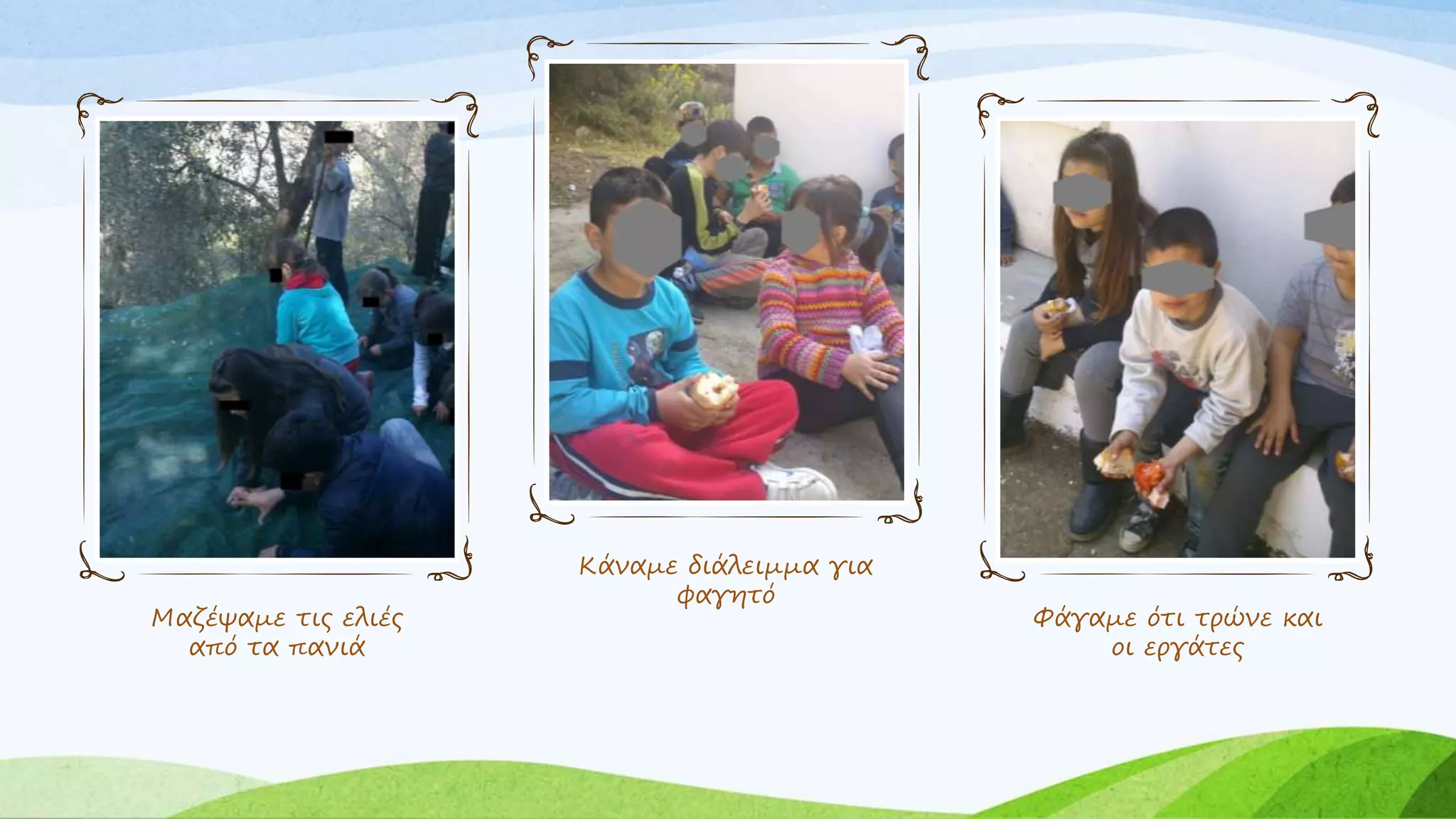 Μαζέψαμε τις ελιές 
από τα πανιά 
Κάναμε διάλειμμα για 
φαγητό 
Φάγαμε ότι τρώνε και 
οι εργάτες 
 