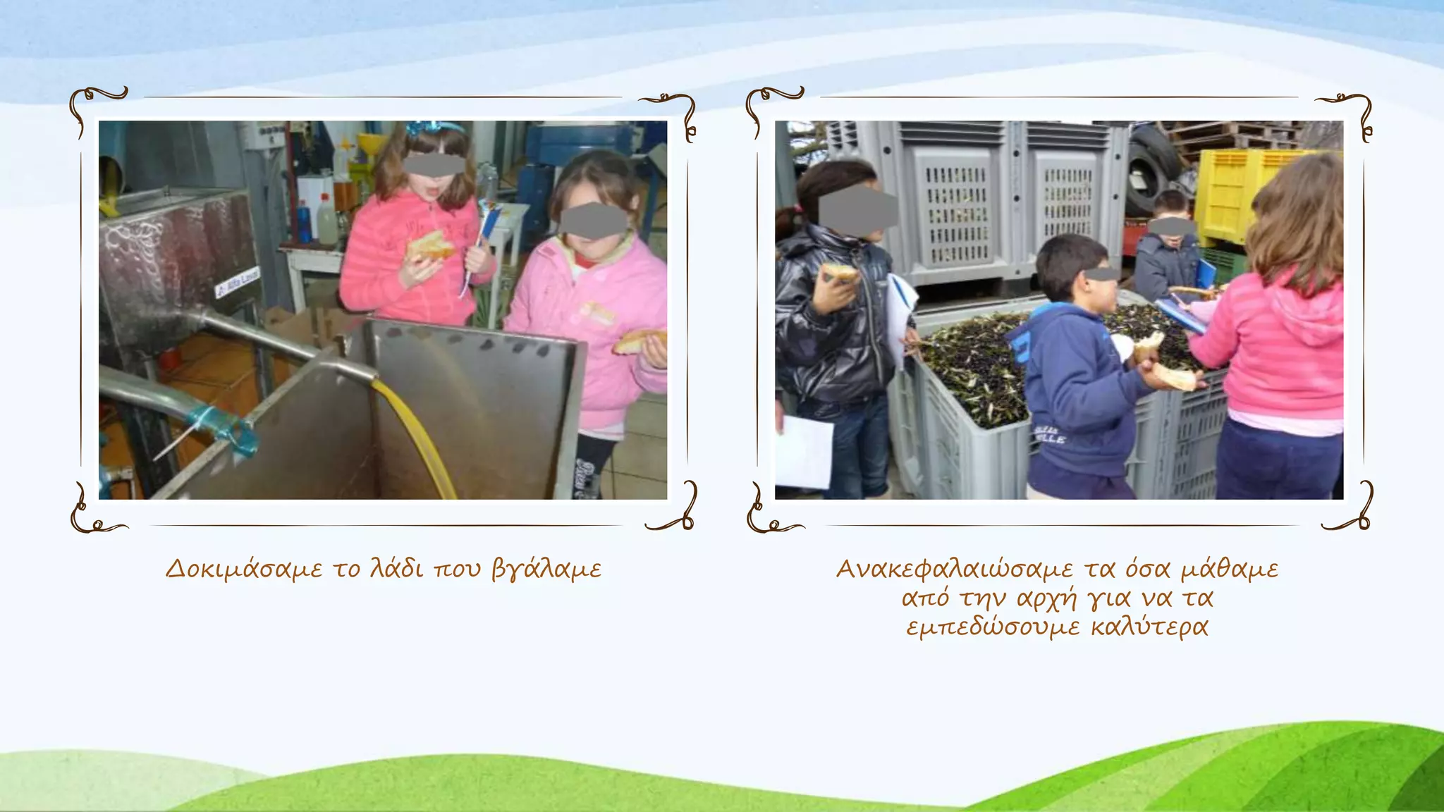 Δοκιμάσαμε το λάδι που βγάλαμε Ανακεφαλαιώσαμε τα όσα μάθαμε 
από την αρχή για να τα 
εμπεδώσουμε καλύτερα 
 