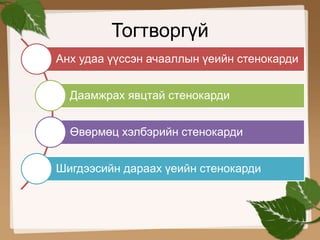 Тогтворгүй 
Анх удаа үүссэн ачааллын үеийн стенокарди 
Даамжрах явцтай стенокарди 
Өвөрмөц хэлбэрийн стенокарди 
Шигдээсийн дараах үеийн стенокарди 
 
