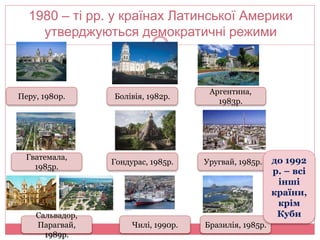 1980 – ті рр. у країнах Латинської Америки 
утверджуються демократичні режими 
Бразилія, 1985р. 
Перу, 1980р. 
Гватемала, 
1985р. 
Болівія, 1982р. 
Аргентина, 
1983р. 
Гондурас, 1985р. Уругвай, 1985р. 
Сальвадор, 
Парагвай, 
1989р. 
Чилі, 1990р. 
до 1992 
р. – всі 
інші 
країни, 
крім 
Куби 
 
