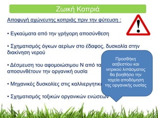 Ζωική Κοπριά 
Αποφυγή αχώνευτης κοπριάς πριν την φύτευση : 
• Εγκαύματα από την γρήγορη αποσύνθεση 
• Σχηματισμός όγκων αερίων στο έδαφος, δυσκολία στην 
διακίνηση νερού 
• Δέσμευση του αφομοιώσιμου Ν από τα βακτήρια που 
αποσυνθέτουν την οργανική ουσία 
• Μηχανικές δυσκολίες στις καλλιεργητικές εργασίες 
• Σχηματισμός τοξικών οργανικών ενώσεων 
Προσθήκη 
ασβεστίου και 
νιτρικού λιπάσματος 
θα βοηθήσει την 
ταχεία αποδόμηση 
της οργανικής ουσίας 
 