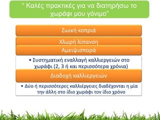 “ Καλές πρακτικές για να διατηρήσω το 
χωράφι μου γόνιμο” 
Ζωική κοπριά 
Χλωρή λίπανση 
Αμειψισπορά 
• Συστηματική εναλλαγή καλλιεργειών στο 
χωράφι (2, 3 ή και περισσότερα χρόνια) 
Διαδοχή καλλιεργειών 
• Δύο ή περισσότερες καλλιέργειες διαδέχονται η μία 
την άλλη στο ίδιο χωράφι τον ίδιο χρόνο 
 