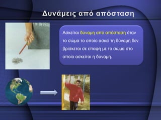 Ασκείται δύναμη από απόσταση όταν το σώμα το οποίο ασκεί τη δύναμη δεν βρίσκεται σε επαφή με το σώμα στο οποίο ασκείται η δύναμη.  