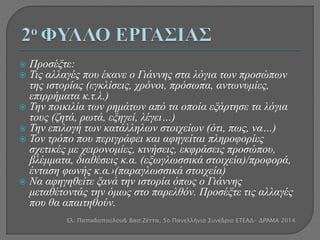 Προσέξτε: 
 Τις αλλαγές που έκανε ο Γιάννης στα λόγια των προσώπων 
της ιστορίας (εγκλίσεις, χρόνοι, πρόσωπα, αντωνυμίες, 
επιρρήματα κ.τ.λ.) 
 Την ποικιλία των ρημάτων από τα οποία εξάρτησε τα λόγια 
τους (ζητά, ρωτά, εξηγεί, λέγει…) 
 Την επιλογή των κατάλληλων στοιχείων (ότι, πως, να…) 
 Τον τρόπο που περιγράφει και αφηγείται πληροφορίες 
σχετικές με χειρονομίες, κινήσεις, εκφράσεις προσώπου, 
βλέμματα, διαθέσεις κ.α. (εξωγλωσσικά στοιχεία)/προφορά, 
ένταση φωνής κ.α.›(παραγλωσσικά στοιχεία) 
 Να αφηγηθείτε ξανά την ιστορία όπως ο Γιάννης 
μεταθέτοντάς την όμως στο παρελθόν. Προσέξτε τις αλλαγές 
που θα απαιτηθούν. 
Ελ. Παπαδοπούλου& Βασ.Ζέττα, 5ο Πανελλήνιο Συνέδριο ΕΤΕΑΔ- ΔΡΆΜΑ 2014 
 