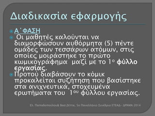  Α΄ΦΑΣΗ 
 Οι μαθητές καλούνται να 
διαμορφώσουν αυθόρμητα (5) πέντε 
ομάδες των τεσσάρων ατόμων, στις 
οποίες μοιράστηκε το πρώτο 
κωμικογράφημα μαζί με το 1ο φύλλο 
εργασίας. 
 Προτού διαβάσουν το κόμικ 
προκαλείται συζήτηση που βασίστηκε 
στα ανιχνευτικά, στοχευμένα 
ερωτήματα του 1ου φύλλου εργασίας. 
Ελ. Παπαδοπούλου& Βασ.Ζέττα, 5ο Πανελλήνιο Συνέδριο ΕΤΕΑΔ- ΔΡΆΜΑ 2014 
 
