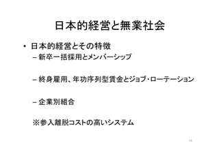 日本的経営と無業社会 
• 日本的経営とその特徴 
– 新卒一括採用とメンバーシップ 
– 終身雇用、年功序列型賃金とジョブ・ローテーション 
– 企業別組合 
※参入離脱コストの高いシステム 
15 
 