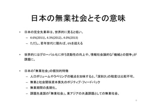 日本の無業社会とその意味 
• 日本の完全失業率は、世界的に見ると低い。 
– 4.6%(2011)、4.3%(2012)、4.0%(2013) 
– ただし、若年世代に限れば、6%を超える 
• 世界的にはグローバル化に伴う流動性の向上や、情報社会論的な「機械との競争」が 
課題に。 
• 日本の「無業社会」の個別的特徴 
– 人口ボリュームやラベリングの観点を加味すると、「深刻さ」の程度は比較不可。 
– 無業と社会関係資本喪失のポジティブ・フィードバック 
– 無業期間の長期化。 
– 課題先進国の「無業社会」。東アジアの共通課題としての無業社会。 
9 
 