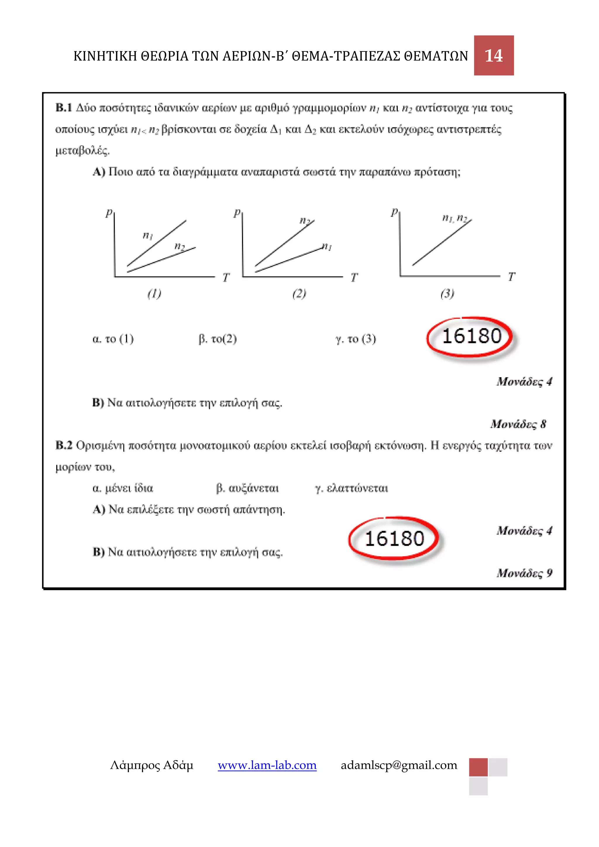 ΚΙΝΗΤΙΚΗ ΘΕΩΡΙΑ ΤΩΝ ΑΕΡΙΩΝ-Β΄ ΘΕΜΑ-ΤΡΑΠΕΖΑΣ ΘΕΜΑΤΩΝ 14 
Λάμπρος Αδάμ www.lam-lab.com adamlscp@gmail.com 
 