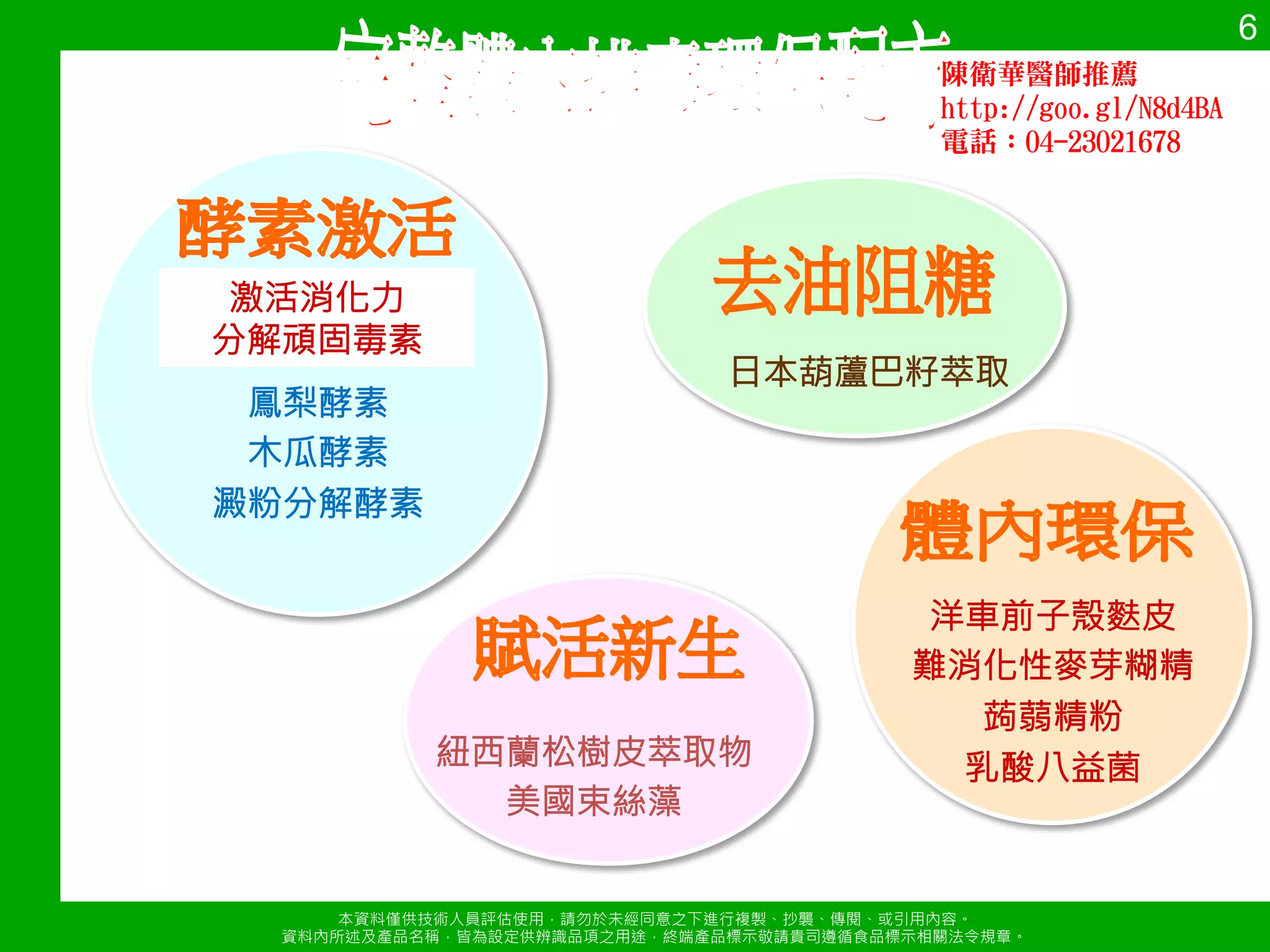 口臭、打嗝有異 
味、過敏、黑斑 
暗沉 
本資料僅供技術人員評估使用，請勿於未經同意s下進行複製、抄襲、傳閱、或引用內容a 
資料內所述及產品名稱，皆為設定供辨識品項s用途，終端產品標示敬請貴司遵循食品標示相關法令規章a 
5 
. 
老化、i餐l正常、 
壓力、緊張、健忘、 
易疲倦 
胃酸過多、胃食道 
逆流、胸悶、脹氣、 
潰瘍 
腹瀉、便秘、 
臭屁、腸息肉、 
痔瘡 
陳衛華醫師推薦 
http://goo.gl/N8d4BA 
電話：04-23021678 
 