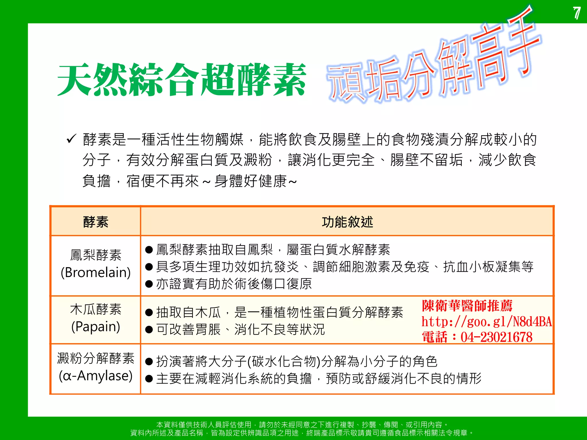 本資料僅供技術人員評估使用，請勿於未經同意s下進行複製、抄襲、傳閱、或引用內容a 
資料內所述及產品名稱，皆為設定供辨識品項s用途，終端產品標示敬請貴司遵循食品標示相關法令規章a 
6 
日本葫蘆巴籽萃取 
洋車前子殼麩皮 
難消化性麥芽糊精 
蒟蒻精粉 
u酸八益菌 
鳳梨酵素 
木瓜酵素 
澱粉分解酵素 
紐西蘭松樹皮萃取物 
美國×絲藻 
激活消化力 
分解頑固毒素 
陳衛華醫師推薦 
http://goo.gl/N8d4BA 
電話：04-23021678 
 