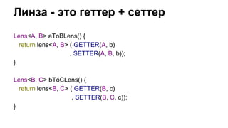 Линза - это геттер + сеттер 
Lens<A, B> aToBLens() { 
return lens<A, B> ( GETTER(A, b) 
, SETTER(A, B, b)); 
} 
Lens<B, C>...