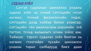 СУДЛАХ ЗҮЙЛ 
Сэтгэл судлалын шинэжлэх ухааны 
судлах зүйл нь хүний сэтгэцийн үүсэл 
хөгжил, түүний физиологийн үндэс, 
сэтгэцийн дээд хэлбэр болох ухамсар, 
сэтгэцийн үйл ажиллаганы илрэлийн зүй 
тогтол, түүнд нөлөөлөгч хүчин зүйлс юм. 
Тиймээс тэрхүү судалах зүйл болгон нь 
хөгжин гүнзгийрч тухайн шинэжлэх 
ухааны төрөл салбарууд биеэ даан 
хөгжсөн юм. 
 