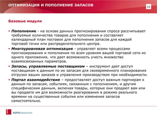 19 
ОПТИМИЗАЦИЯ И ПОПОЛНЕНИЕ ЗАПАСОВ 
Базовые модули 
Пополнение - на основе данных прогнозирования спроса рассчитывает требуемые количества товаров для пополнения и составляет календарный план поставок для пополнения запасов для каждой торговой точки или распределительного центра. 
Многоуровневая оптимизация - управляет всеми процессами прогнозирования и пополнения по всем уровням вашей торговой сети из одного приложения, что дает возможность учесть множество взаимосвязанных параметров. 
Запасы, управляемые поставщиком – инструмент дает доступ поставщикам к данным по их запасам для своевременного планирования отгрузок ваших заказов и управления производством при необходимости. 
Портал взаимодействия – предоставляет доступ важным партнерам к данным по запасам, событиям, связанным с пополнением, и другим специфическим данным, включая товары, которые они продают вам или вы продаете им для возможности реагирования в режиме реального времени на существенные события или изменения запасов самостоятельно.  