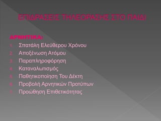 ΑΡΝΗΤΙΚΑ: 
1. Σπατάλη Ελεύθερου Χρόνου 
2. Αποξένωση Ατόμου 
3. Παραπληροφόρηση 
4. Καταναλωτισμός 
5. Παθητικοποίηση Του Δέκτη 
6. Προβολή Αρνητικών Προτύπων 
7. Προώθηση Επιθετικότητας 
 