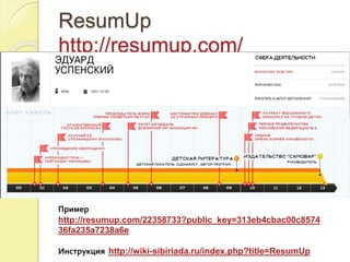 ResumUp 
http://resumup.com/ 
Пример 
http://resumup.com/22358733?public_key=313eb4cbac00c8574 
36fa235a7238a6e 
Инструкция http://wiki-sibiriada.ru/index.php?title=ResumUp 
 