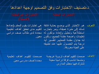 دد--تتصصننييفف االلختختتتببااررااتت ووففقق االلتتصصممييمم ااووججههةة ااععددااددههاا 
االلختختتتببااررااتت غغييررااللممققننننةة 
((االلصصففييةة)) 
االلختختتتببااررااتت االلممققننننةة 
ههىى ااختختتتببااررااتت ييققوومم االلممععللمم ببٳٳععددااددههاا 
للتتققييييههمم ممددىى تتححققههقق أأههدداافف تتععللييممييةة 
ممححددددةة للددىى ططللبب صصههفف ددررااسسىى 
ممععيينن.. 
ههههوو االلختختتتبباارر االلذذىى ييووضضههعع ببععننااييههةة ففاائئققةة 
تتسستتنندد ٳٳللىى ختختببررةة ععممييققةة،، ووييممرر ببتتججاارربب 
ااسسههتتططللععييةة ووتتححللييههلل ووٳٳععااددةة ،،ووتتككوونن للهه 
تتععللييممااتت ووااضضححههةة ممققننننههةة للللججممييعع،، ووتتككوونن 
للهههه ججددااوولل ممققننننههةة للللممععااييييههرر للتتففسسههييرر أأييهه 
ددررججههةة ييتتههمم االلححصصههوولل ععللييههههاا ععننههدد تتططببييققهه 
ععللىى االلععييننةة ممععررووففةة.. 
االلتتععررفف 
صصههههممممتت للتتققييييههههمم ااههدداافف تتععللييممييةة 
ممححددددةة للصصفف ممددررسسىى ممععيينن 
صصممممتت للتتققييييمم أأههدداافف تتررببووييةة ععررييضضةة 
ووممتتسسععةة تتننااسسبب ففررققةة ددررااسسييةة ممععييننةة 
تتششتترركك ففييههاا ممععظظمم االلممددااررسس 
االلههدداافف 
 