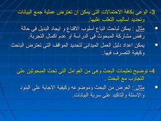 --33 االلووععىى ببككااففةة االلححتتممااللتت االلتتىى ييممككنن اانن تتععتتررضض ععممللييةة ججممعع االلببييااننااتت 
ووتتححددييدد ااسسااللييبب االلتتغغللبب ععللييههاا.. 
ممثثاالل :: ييممككنن للببااححثث ااتتببااعع ااسسللووبب االلقنقنننااعع وو ااييججاادد االلببددييلل ففىى ححااللةة  
ررففضض ممششااررككةة االلممببححووثث ففىى االلددررااسسةة ااوو ععددمم ااككمماالل االلتتججررببةة.. 
ييممككنن ااععدداادد ددللييلل االلععمملل االلممييددااننىى للتتححددييدد االلممووااقنقنفف االلتتىى تتععتتررضض االلببااححثث  
ووككييففييةة االلتتصصررفف ففييههاا.. 
--44 تتووضضييحح تتععللييممااتت االلببححثث ووههىى ممنن االلععوواامملل االلتتىى تتححثث االلممببححووثثيينن ععللىى 
االلتتججااووبب ممعع االلببححثث .. 
ممثثاالل :: االلغغررضض ممنن االلببححثث ووممووضضووععهه ووككييففييةة االلججااببةة ععللىى االلببننوودد  
ووااللسسئئللةة ووااللتتااككييدد ععللىى سسررييةة االلببييااننااتت.. 
 