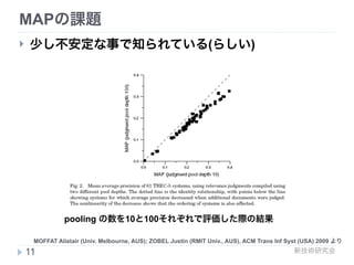新技術研究会
MAPの課題
! 少し不安定な事で知られている(らしい)
11
pooling の数を10と100それぞれで評価した際の結果
MOFFAT Alistair (Univ. Melbourne, AUS); ZOBEL Justin (RMIT Univ., AUS), ACM Trans Inf Syst (USA) 2009 より
 