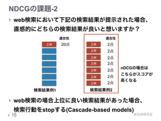 新技術研究会
Expected reciprocal rank for graded relevance(ERR)
Olivier Chapelle, Donald Metlzer, Ya Zhang, and Pierre Grinspan. 2009. In Proceedings of the 18th ACM conference on Information and knowledge management (CIKM '09).
! relevantの高いドキュメントが上位にあった場合、 
閲覧を中止してしまう可能性を考慮したモデル
15
Expected Reciprocal Rank
[Chapelle et al CIKM09]
Query
Stop
Relevant?
View Next
Item
nosomewhathighly
black powder
ammunition
1
2
3
4
5
6
7
8
9
10
…
 