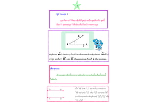 มุม ( angle ) 
มุม เกิดจำกรังสีสองเส้นที่มีจุดปลำยเป็นจุดเดียวกัน จุดนี้ เรียกว่ำ จุดยอดมุม รังสีแต่ละเส้นเรียกว่ำ แขนของมุม 
เส้นขนาน 
เส้นตรงสองเส้นที่บนระนำบเดียวกันขนำนกันเมื่อเส้นทั้งสองนี้ ไม่ตัดกัน 
7  