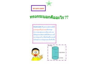 ทรงกระบอก เป็นรูปเรขำคณิตสำมมิติที่มี ฐำนสองฐำนเป็นรูปวงกลมที่เท่ำกันทุก ประกำรและอยู่บนระนำบที่ขนำนกัน และ เมื่อตัดรูปเรขำคณิตสำมมิตินั้นด้วยระนำบที่ ขนำนกับฐำนแล้ว จะได้หน้ำตัดเป็นวงกลมที่ เท่ำกันทุกประกำรกันฐำนเสมอ ด้ำนข้ำงเป็น 
ทรงกระบอก 
23  