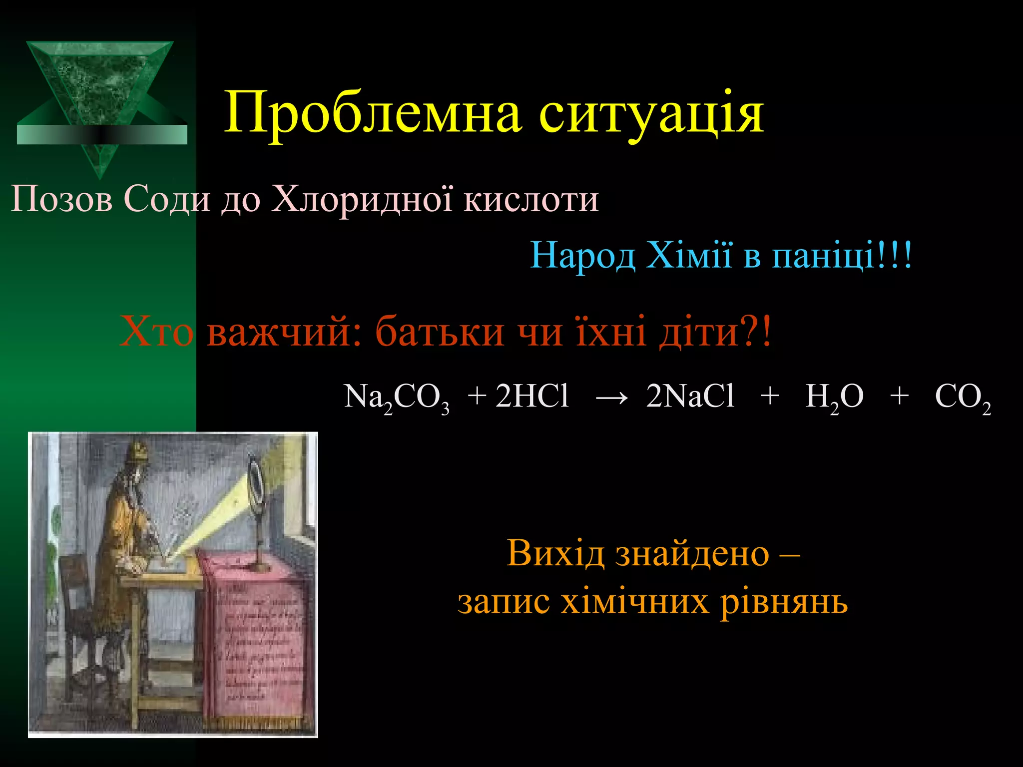 Проблемна ситуація 
Позов Соди до Хлоридної кислоти 
Народ Хімії в паніці!!! 
Хто важчий: батьки чи їхні діти?! 
Na2CO3 + 2HCl → 2NaCl + H2O + CO2 
Вихід знайдено – 
запис хімічних рівнянь 
 