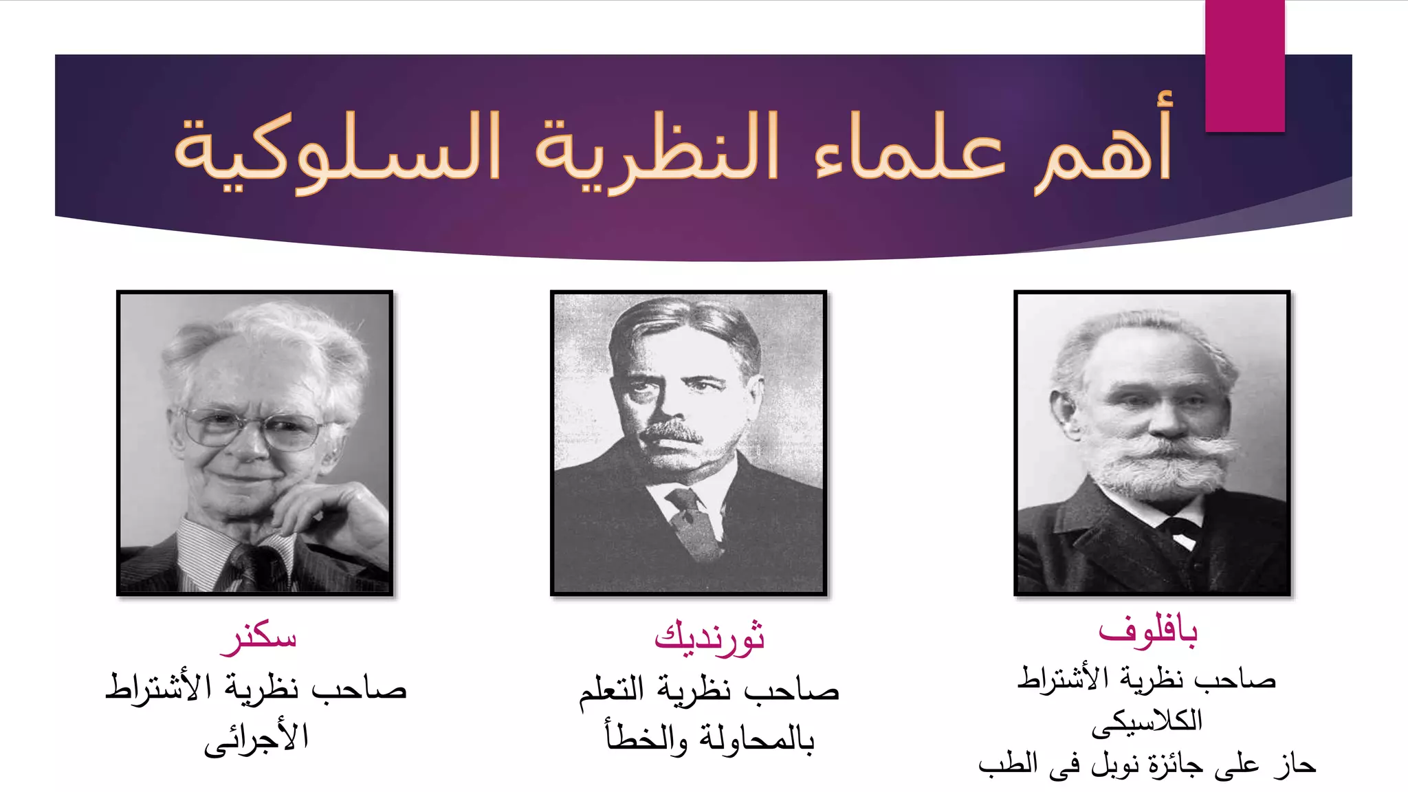 بافلوف 
صاح نظرية الأشت ا رط 
الكلاسيكى 
حاز على جائزة نوبل فى الط 
ثورنديك 
صاح نظرية التعلم 
بالمحاولة والخطأ 
سكنر 
صاح نظرية الأشت ا رط 
الأج ا رئى 
 