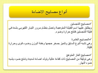أنواع مصابيح الاضاءة 
مصابي التنجستيط  
ويطلىس ىليهىىا اسىىم الفتيلىىة المتوهجىىة و عمىىل بنظىىام مىىرور التيىىار الكهربىىى بشىىد فىىى 
فتيلة التنجستيط فتنت حرار وضوء. 
المصابي الغامر  
وهى شبه النوع السابس و تميز بصغر حجمها وخفىة الىو وضىوء قىوى وحىرار 
قليلة. 
مصابي الغا المتوه  
وهى وليفة مط المصابي ذات كفاء ىالية و ولىد اضىاء شىديد و نىت ضىوء يشىبه 
ضوء النهار. 
 
