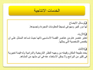 الخدمات الانتاجية 
وسائل الايضا  
لها دور كبير ومهم فى بسيح المعلومات المجرد و جسيدها. 
الأ ياء  
عتبر ىنصر هام مط ىناصر ال صة الاساسىيى ذا هىا حيىث سىاىد الممثىل ىلىى ا 
يت ملا الشخصية التى يمثلها. 
الأثاث  
يحدد يبيعة المكا وقيمته مط وجهىه النظىر التاريخيىة والدراميىة ولىه قيمىة عبيريىة 
فى كثير مط البرام ولا يمكط الاستغناء ىنه فى اى مشهد مط المشاهد. 
 