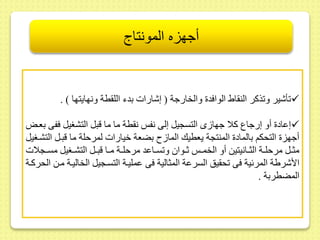 أجهزه المونتاج 
أشير و ذكر الن اي الوافد والخارجة ) إشارات بدء الل طة ونهايتها ( .  
إىاد أو إرجاع كلا جها ى التسجيل إلى نف ن طة ما ما قبل التشغيل ففى بعىض  
أجهز التحكم بالماد المنتجة يعطيك الما بضعة خيارات لمرحلة ما قبىل التشىغيل 
مثىىل مرحلىىة الثىىانيتيط أو الخمىى ثىىوا و سىىاىد مرحلىىة مىىا قبىىل التشىىغيل مسىىجلات 
الأشرية المرئية فى ح يس السرىة المثالية فى ىمليىة التسىجيل الخاليىة مىط الحركىة 
المضطربة . 

