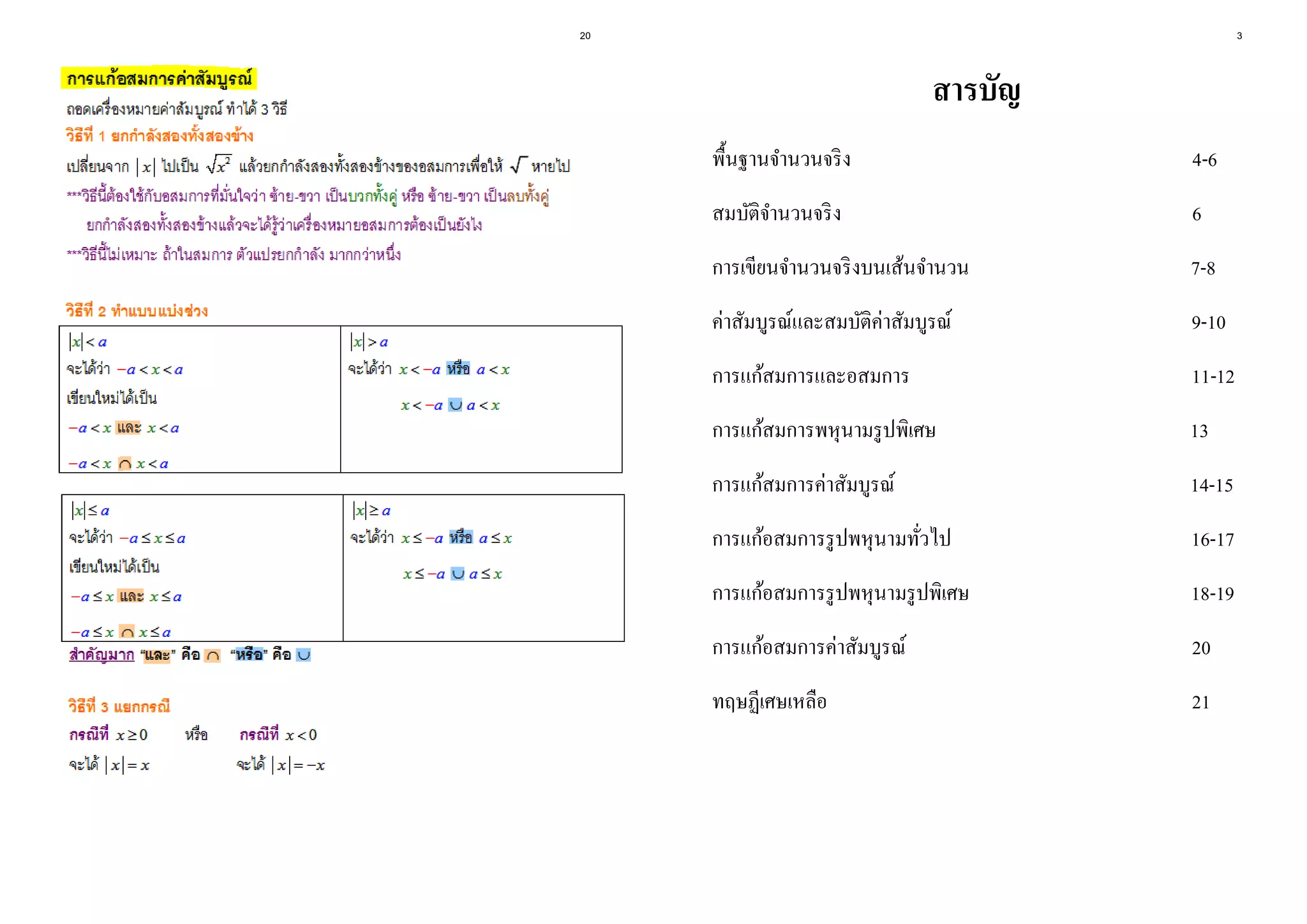 20 
3 
สารบัญ 
พื้นฐานจานวนจริง 4-6 
สมบัติจานวนจริง 6 
การเขียนจานวนจริงบนเส้นจานวน 7-8 
ค่าสัมบูรณ์และสมบัติค่าสัมบูรณ์ 9-10 
การแก้สมการและอสมการ 11-12 
การแก้สมการพหุนามรูปพิเศษ 13 
การแก้สมการค่าสัมบูรณ์ 14-15 
การแก้อสมการรูปพหุนามทั่วไป 16-17 
การแก้อสมการรูปพหุนามรูปพิเศษ 18-19 
การแก้อสมการค่าสัมบูรณ์ 20 
ทฤษฏีเศษเหลือ 21 
 