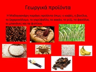 Γεωργικά προϊόντα
Η Μαδαγασκάρη παράγει προϊόντα όπως: ο καφές, η βανίλια,
το ζαχαροκάλαμο, το γαρύφαλλο, το κακάο, το ρύζι, τα φασόλια,
οι μπανάνες και τα φιστίκια.
 