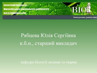 Рябцева Юлія Сергіївна 
к.б.н., старший викладач 
кафедра біології людини та тварин 
 