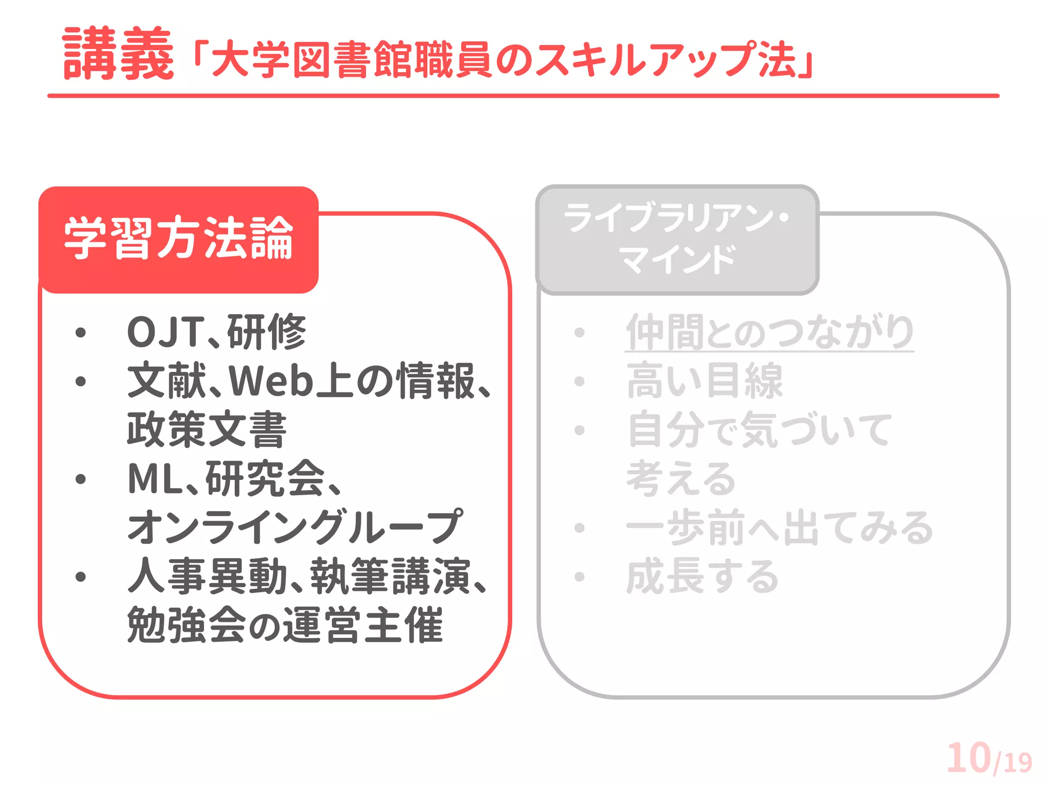 講義 「大学図書館職員のスキルアップ法」 
•OJT、研修 
•文献、Web上の情報、 政策文書 
•ML、研究会、 オンライングループ 
•人事異動、執筆講演、 勉強会の運営主催 
•仲間とのつながり 
•高い目線 
•自分で気づいて 考える 
•一歩前へ出てみる 
•成長する 
学習方法論 
ライブラリアン・ マインド 
10/19  