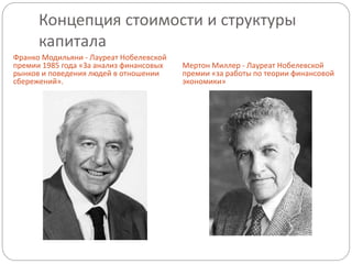 Концепция стоимости и структуры 
капитала 
Франко Модильяни - Лауреат Нобелевской 
премии 1985 года «За анализ финансовых 
рынков и поведения людей в отношении 
сбережений». 
Мертон Миллер - Лауреат Нобелевской 
премии «за работы по теории финансовой 
экономики» 
 