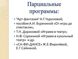 Парциальные 
программы: 
 "Арт-фантазия" А.Г.Чуриловой; 
 пособия А.И. Бурениной «От игры до 
спектакля»; 
 Т.Н. Дороно...