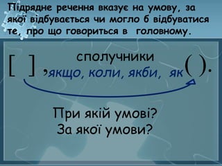 Підрядне речення вказує на умову, за 
якої відбувається чи могло б відбуватися 
те, про що говориться в головному. 
[ ] , ( ). сполучники 
якщо, коли, якби, як 
При якій умові? 
За якої умови? 
 