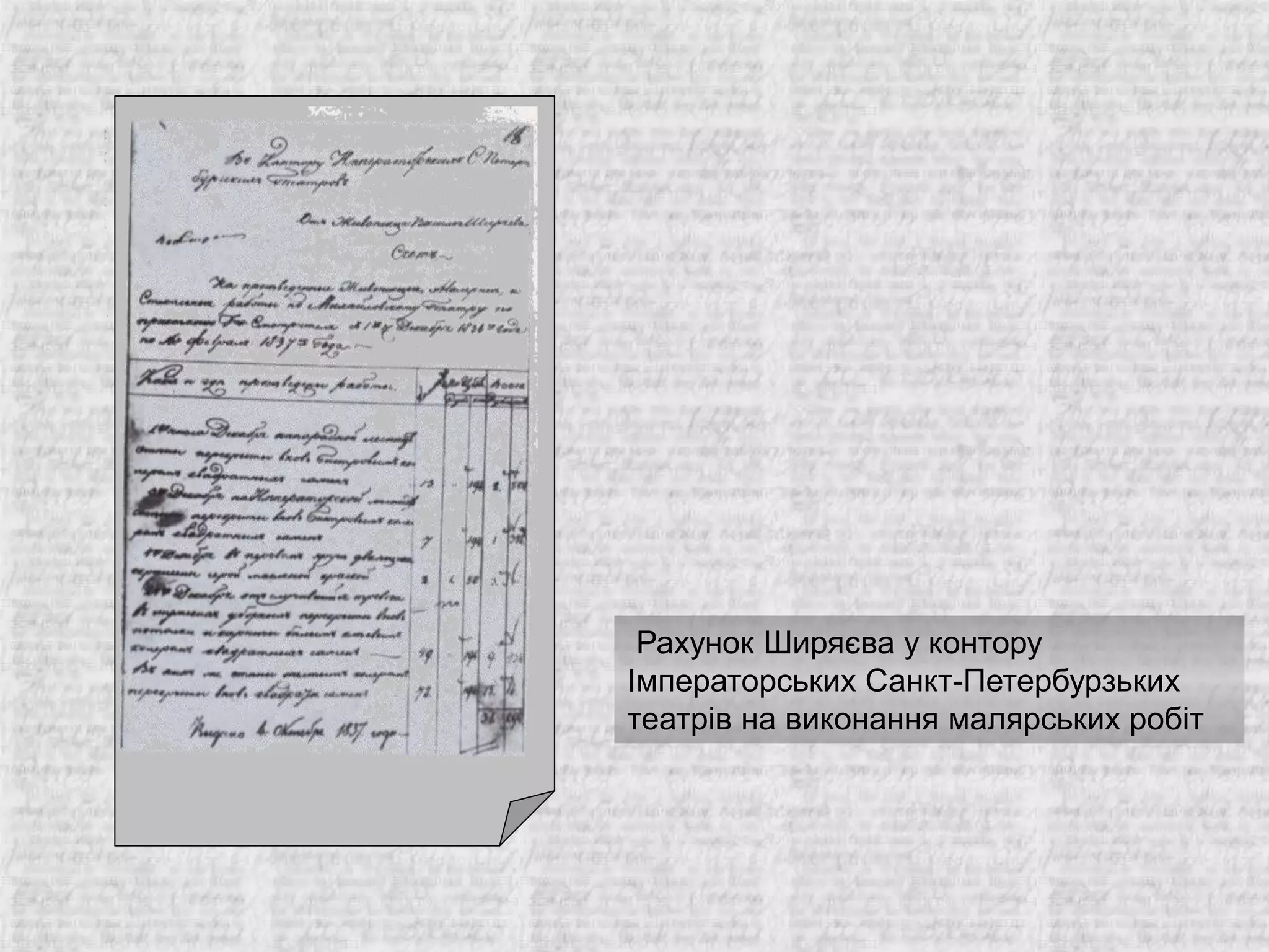 Рахунок Ширяєва у контору
Імператорських Санкт-Петербурзьких
театрів на виконання малярських робіт
 