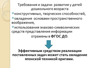 Требования и задачи развития у детей 
дошкольного возраста 
конструктивных, творческих способностей, 
овладения основами пространственного 
воображения, 
использования знаково-символических 
средств представления информации 
отражены в ФГОС ДО. 
Эффективным средством реализации 
поставленных задач может стать овладение 
японской техникой оригами. 
 