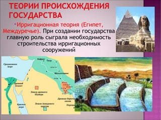 Ирригационная теория (Египет, 
Междуречье). При создании государства 
главную роль сыграла необходимость 
строительства ирригационных 
сооружений 
 