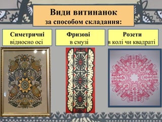 Види витинанок
за способом складання:
Симетричні
відносно осі
Фризові
в смузі
Розети
в колі чи квадраті
 