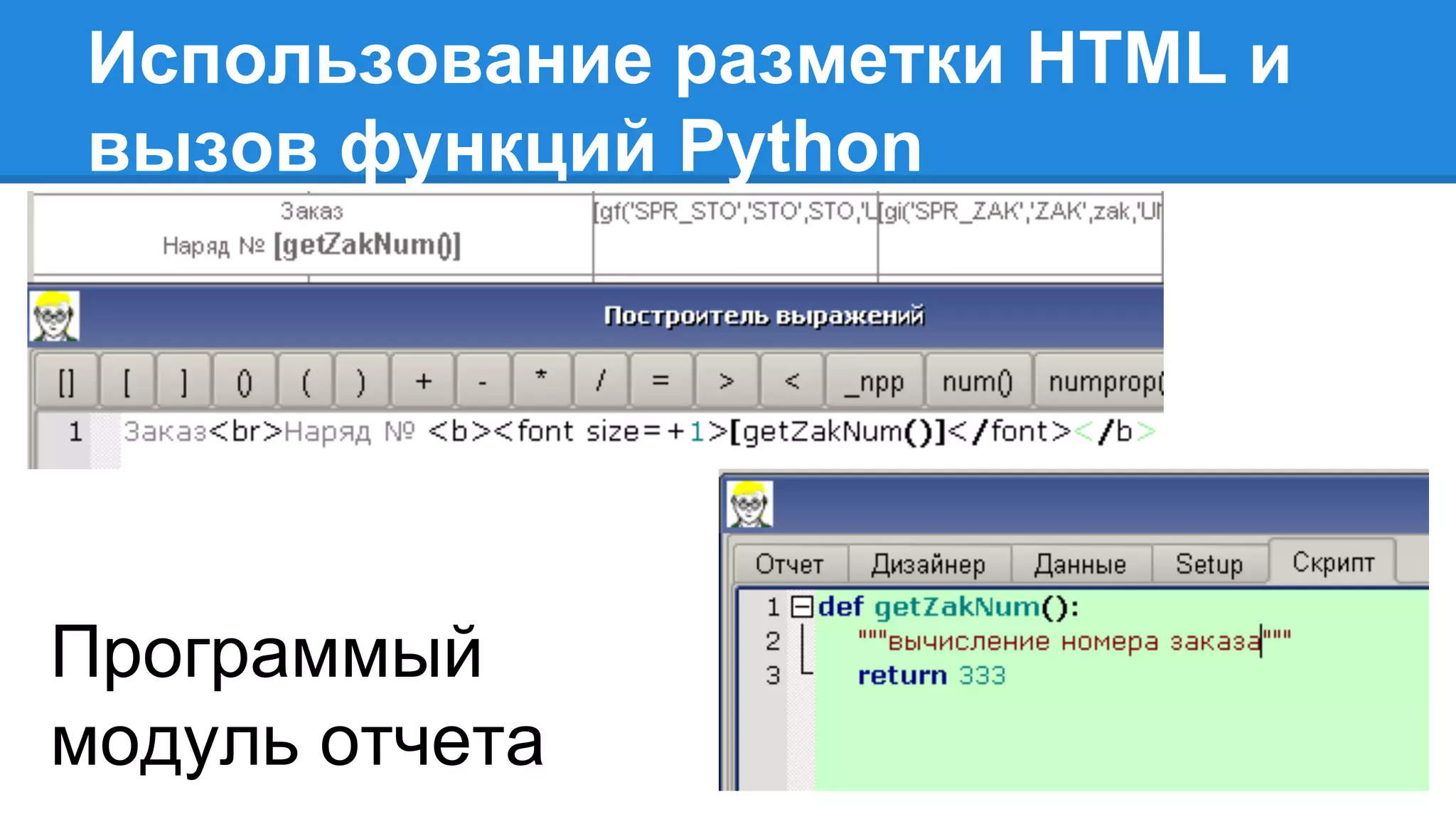 Использование разметки HTML и
вызов функций Python
Программый
модуль отчета
 